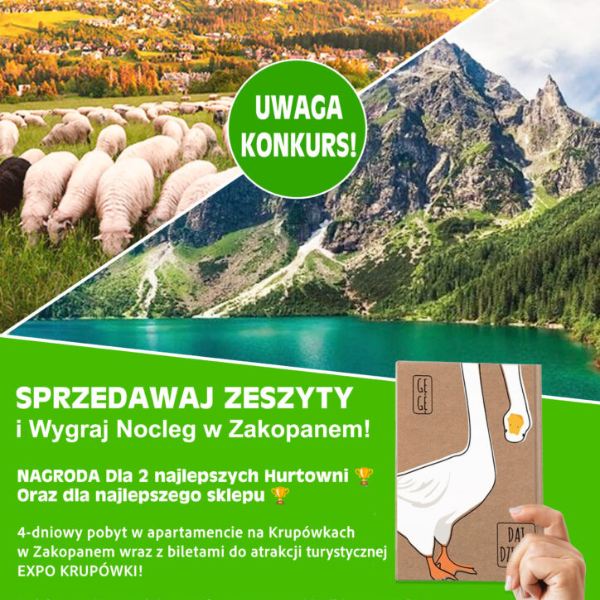 Zdjęcie przestawia baner promocyjny konkurs konkursu sprzedawaj zeszyty i wygraj nocleg w zakopanem nagroda dla 2 najlepszych hurtowni oraz dla najlepszego sklepu na stronie Portal DeltaGraphix 4 dniowy pobyt w apartamencie na krupówkach w zakopanem wraz z biletami do atrakcji turystycznej expo krupówki.