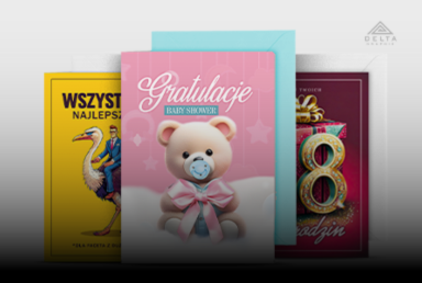 Zdjęcie przestawia produkty z kategorii karnety okolicznościowe na stronie Portal DeltaGraphix. Różowa kartka baby shower gratulacje, żółta wszystkiego najlepszego, kartka z okazji osiemnastych urodzin.