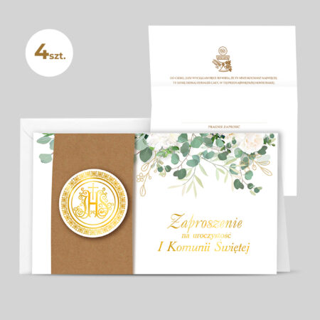 Zdjęcie Przedstawia; Zaproszenie na Komunię z ozdobnymi listkami oraz wkładką z papieru eco, w tle zaproszenia treść zaproszenia. Zestaw 4 sztuk