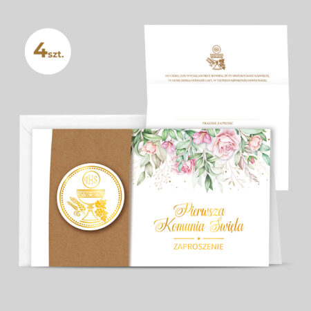 Zdjęcie Przedstawia; Zaproszenie na Komunię z ozdobnymi różami oraz wkładką z papieru eco, w tle zaproszenia treść zaproszenia. Zestaw 4 sztuk