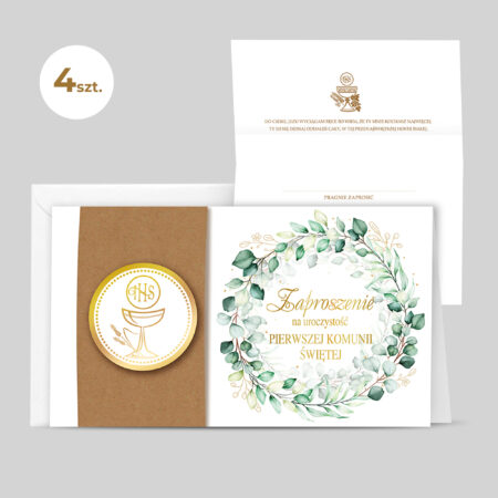 Zdjęcie Przedstawia; Zaproszenie na Komunię z ozdobnymi kwiatami oraz wkładką z papieru eco, w tle zaproszenia treść zaproszenia. Zestaw 4 sztuk