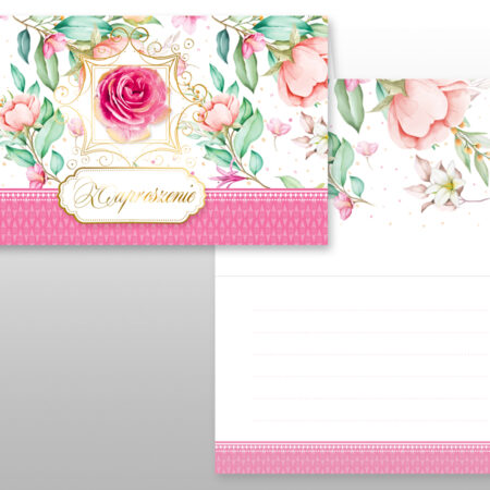 Białe zaproszenie z różowymi elementami i różami.
