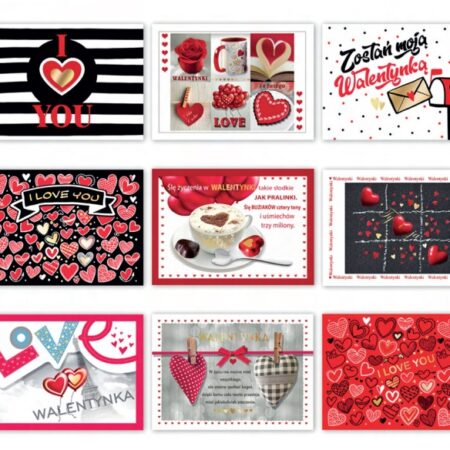 Kartki ozdobne walentynkowe w różnych wariantach.