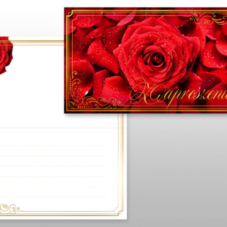 Zaproszenie w róże ze złotymi elementami.
