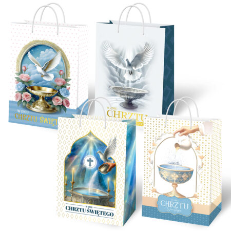 Torebki ozdobne z okazji Chrztu Świętego w kolorze niebiesko-białym. Rączki do trzymania również w kolorze białym.