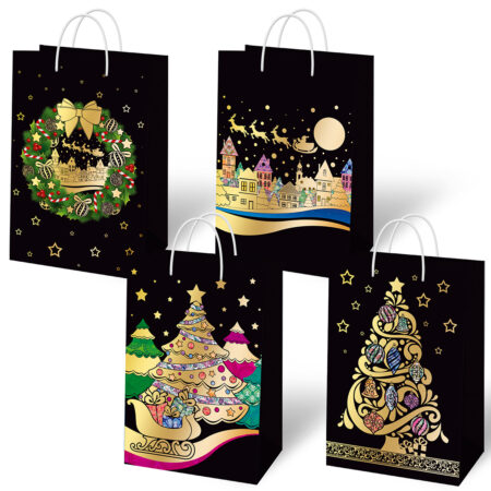 Torebki ozdobne świąteczne w czarnym kolorze ze złotymi zdobieniami.