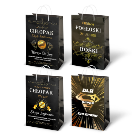 Torebki z okazji dnia chłopaka czarne ze złotymi elementami.