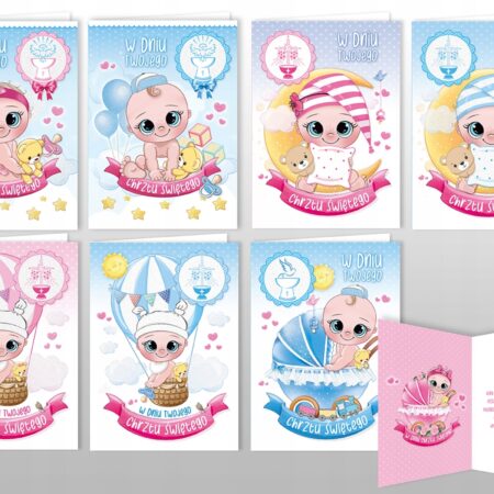 Kartki ozdobne w dniu Chrztu Świętego w kolorach niebieskim i różowym.