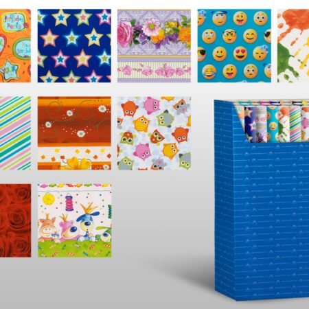 Mix papierów do pakowania prezentów kolorowy z motywami dziecięcymi, kwiatowymi, gwiazdki, paski
