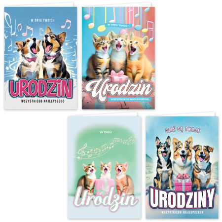 Kartki urodzinowe z kotkami i pieskami oraz napisem "W dniu twoich urodzin wszystkiego najlepszego".