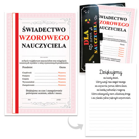 Świadectwo wzorowego nauczyciela z podziękowaniami.