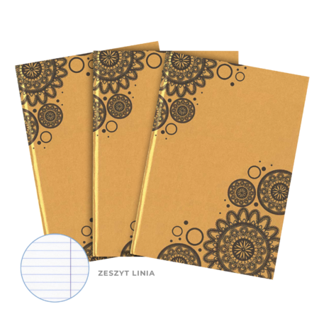 Złote zeszyty z ozdobnymi mandalami.