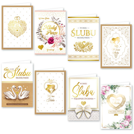 Kartki z okazj ślubu, w kolorach bieli, złota i beżu.