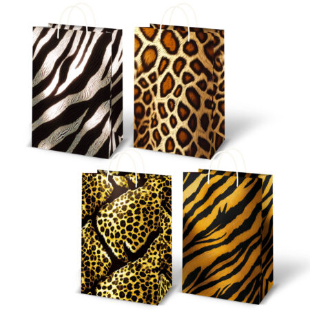 Zdjęcie przedstawia zestaw czterech torebek prezentowych z motywami zwierzęcymi: wzór zebry w czerni i bieli, lamparcie cętki w brązie, złociste cętki na tle czerni oraz tygrysie pasy w złoto-czarnych barwach.