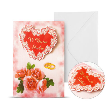 Kartka z okazji ślubu w kolorze różowym, z różami, obrączkami i sercem ze złotym napisem "W Dniu Ślubu".