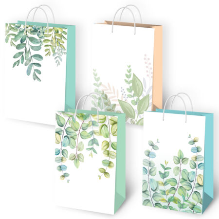 Torebki ozdobne białe z roślinnym motywem i kolorowymi bokami (zielone, niebieskie, beżowe).