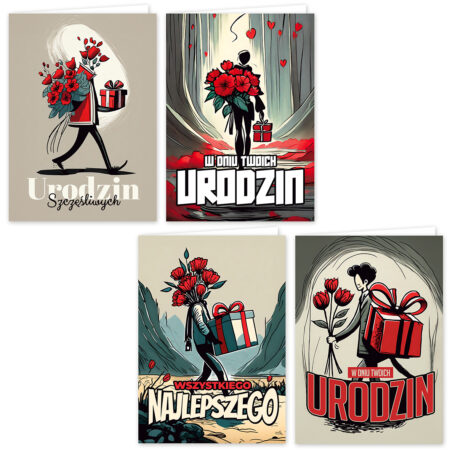 Kartki urodzinowe z ludzikami niosącymi kwiaty oraz napisem "W dniu twoich urodzin".