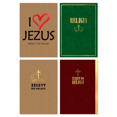 Zeszyty do religii z różnymi okładkami.