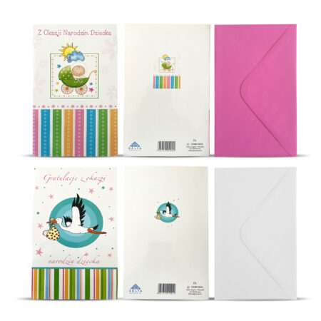 Mix dwóch karnetów z okazji narodzin dziecka na białym tle z motywem bociana i dziecięcego wózka z kolorowymi paskami na dole karnetu dołączona koperta różowa i biała