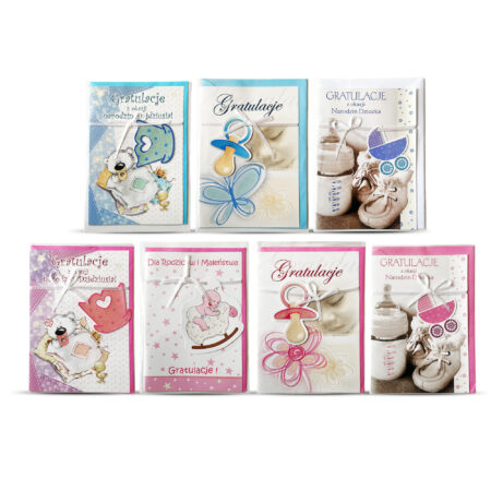 Kartki z gratulacjami z okazji narodzin dziecka w kolorach niebieskim i różowym.