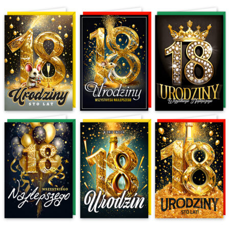 Kartki na 18-tkę w kolorze czarnym ze złotymi liczbami '18'.