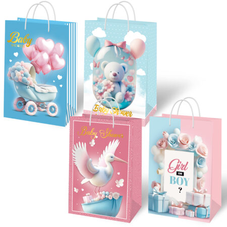 Torebki ozdobne prezentowe z okazji Baby Shower w kolorach niebieskim i różowym.