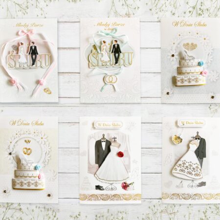 Kartki ślubne w różnych wariantach.