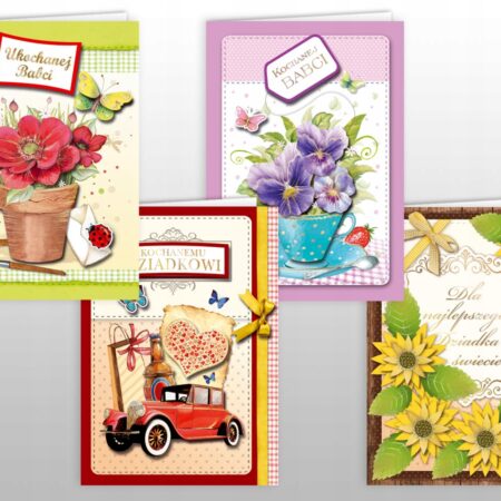 Mix czterech karnetów na Dzień Babci i Dziadka kolorowych z motywami kwiatowymi i auta z doklejanym elementem
