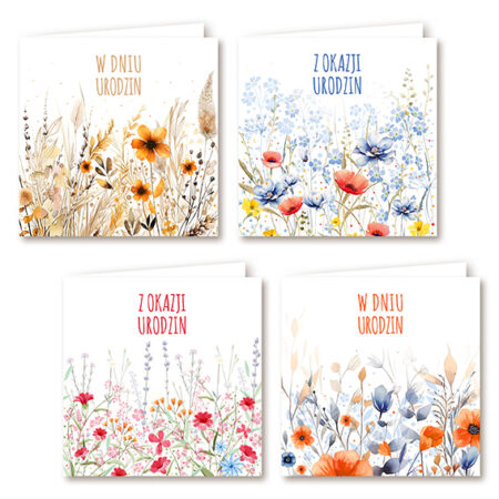 Zdjęcie przedstawia zestaw delikatnych, kwadratowych kartek urodzinowych zdobionych akwarelowymi ilustracjami kwiatów polnych. Na każdej z nich widnieje napis „W dniu Urodzin” lub „Z okazji Urodzin”. Dominują pastelowe kolory – odcienie beżu, niebieskiego, różu i zieleni – nadające całości subtelny i naturalny charakter.
