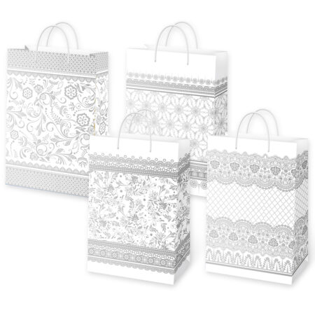 Torebka ozdobna biała z delikatnymi czarnymi zdobieniami.