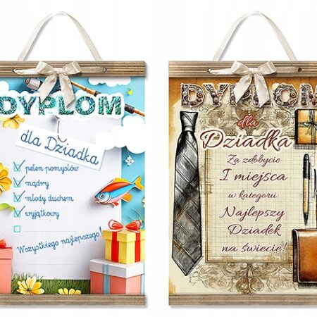 Dyplom z napisem Dla Dziadka w formacie A4 kolorowy, zakończony tekturkami, przewiązany ozdobną wstążką, można powiesić na ścianie