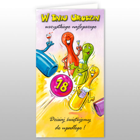 Kartka na osiemnaste urodziny w kolorze żółtym z motywami kręgli w kolorach niebieskim, czerwonym, zielonym i żółtym