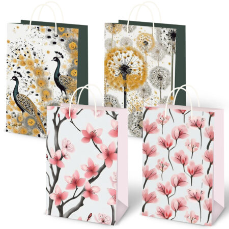 Torebki ozdobne prezentowe z pawiem, dmuchawcami (zielono-złote) oraz z drzewem sakury.