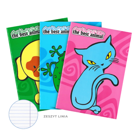 Zeszyty ze zwierzątkami na kolorowych tłach, zielona jaszczurka na niebieskim tle, niebieski kotek na różowym, żółty piesek na zielonym. Na każdym zeszycie w lewym górnym rogu znajduje się napis "the best animal".