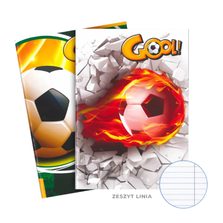 Zeszyty z piłką na różnych tłach z napisem "Gool!".