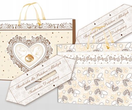 Mix dwóch torebek ślubnych z motywami serduszek w formie skarbonki