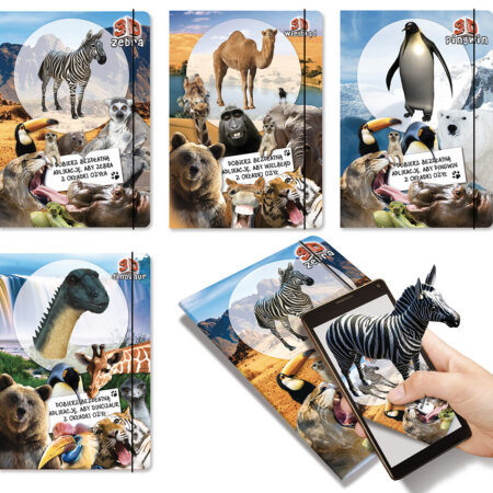 Teczki ze zwierzętami i aplikacją na telefon.