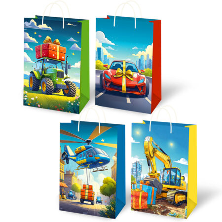 Torebki ozdobne prezentowe ze wzorami ciągnika, sportowego auta, helikoptera i koparki.