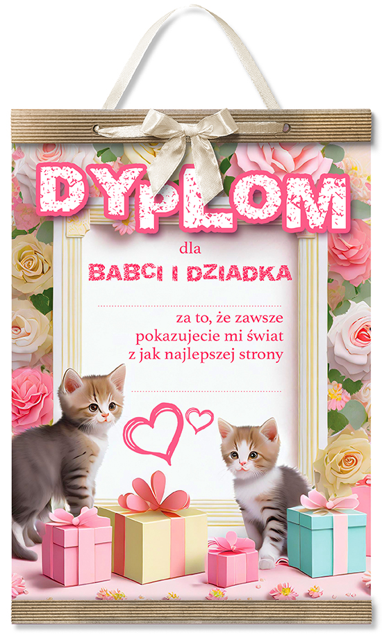 Dyplom z napisem Dla Babci i Dziadka w formacie A4 kolorowy, z motywami kwiatowymi, prezentami i kotkami, zakończony tekturkami, przewiązany ozdobną wstążką, można powiesić na ścianie