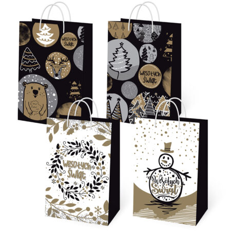 Torebki ozdobne bożonarodzeniowe czarno-biało-złote.