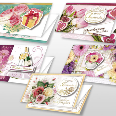 Mix pięciu kartek z kwiatkami z napisem "W dniu Imienin".