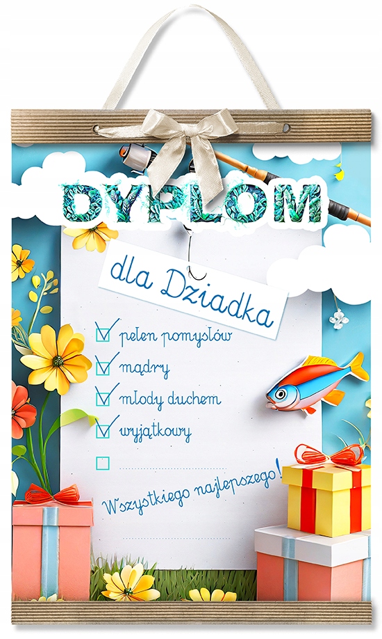 Dyplom z napisem Dla Dziadka w formacie A4 kolorowy, z motywami kwiatowymi, prezentami, zakończony tekturkami, przewiązany ozdobną wstążką, można powiesić na ścianie