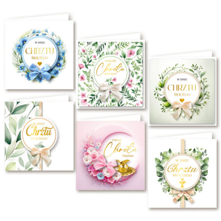 Kartki ozdobne z okazji Chrztu Świętego z kwiatowym motywem i złotymi napisami.