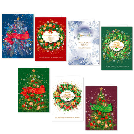 Kartki ozdobne bożonarodzeniowe w różnych wariantach.