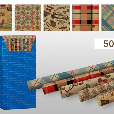 Mix pięciu papierów do pakowania prezentów z motywem zielonej kratki, czerwonej kratki, samochodów retro, geometrycznym motywem kwiatowym w stylu mozaiki kraft