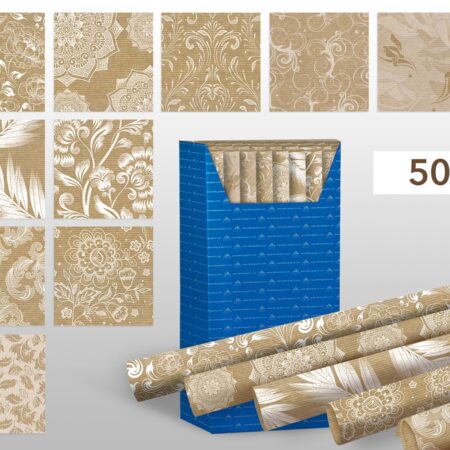 Mix papierów do pakowania prezentów z białym zadrukiem z motywem kwiatów, liści kraft