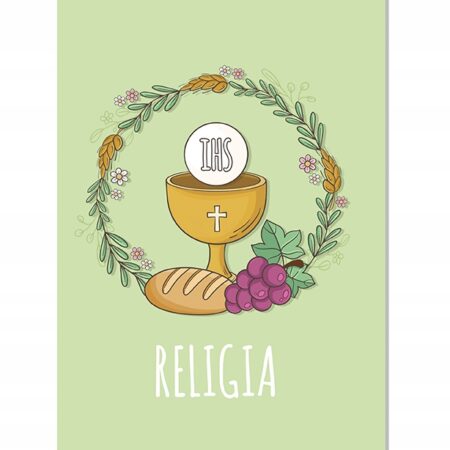 Okładka zeszytu do religii z Hostią na zielonym tle.