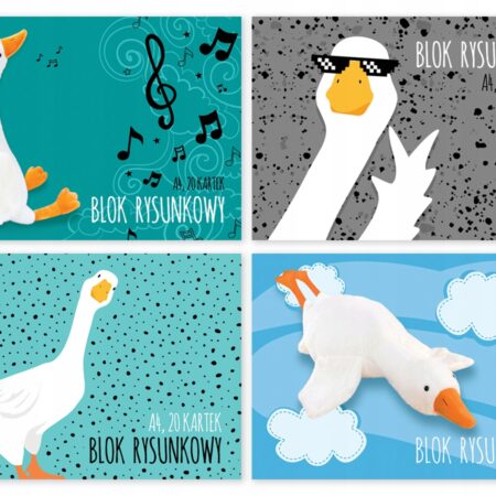 Blok rysunkowy z Gęsią Pipa w różnych wariantach.