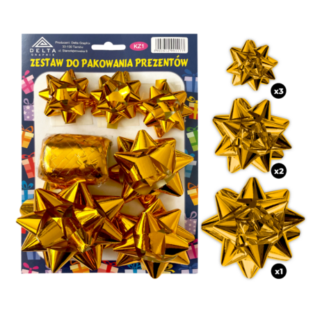 Zestaw do pakowania prezentów w kolorze złotym zawierający trzy rozetki małe, dwie rozetki średnie, rozetkę dużą oraz motek 20m.