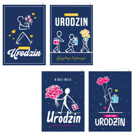 Kartki urodzinowe z ludzikami niosącymi kwiaty oraz napisem "W dniu twoich urodzin".